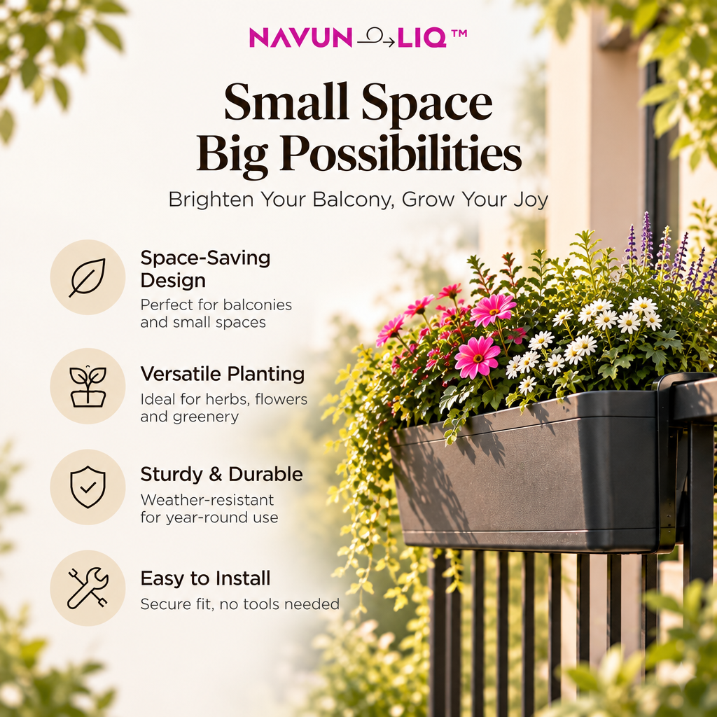 Navuneliq™ RailBloom Planter Box – Space-Saving Balcony Railing Flower Box for Herbs, Flowers & Urban Gardens