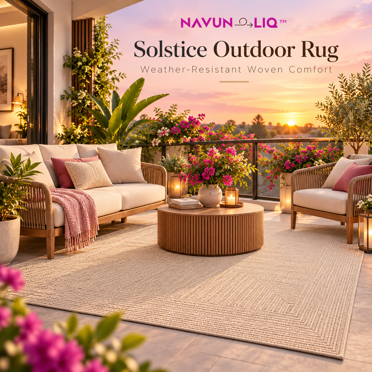 Navuneliq™ Solstice Outdoor Rug – Minimalist Weather-Resistant Woven Area Rug for Small Balconies, Patios & Cozy Outdoor Nooks