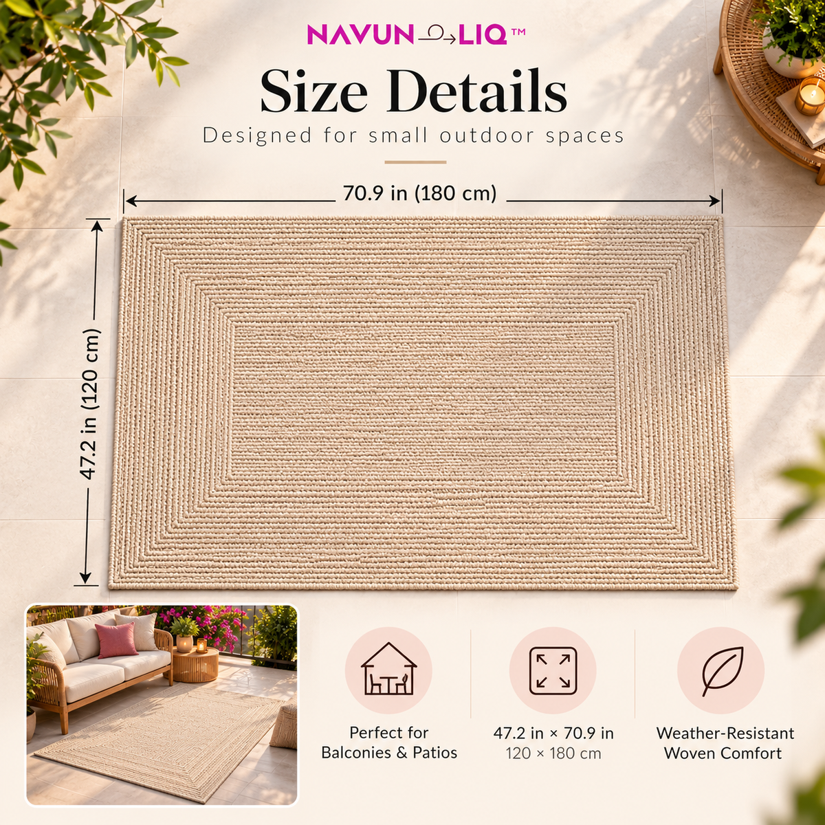 Navuneliq™ Solstice Outdoor Rug – Minimalist Weather-Resistant Woven Area Rug for Small Balconies, Patios & Cozy Outdoor Nooks