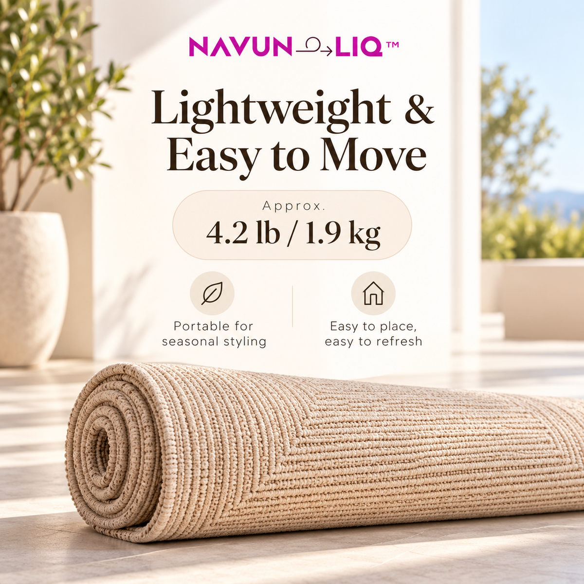Navuneliq™ Solstice Outdoor Rug – Minimalist Weather-Resistant Woven Area Rug for Small Balconies, Patios & Cozy Outdoor Nooks