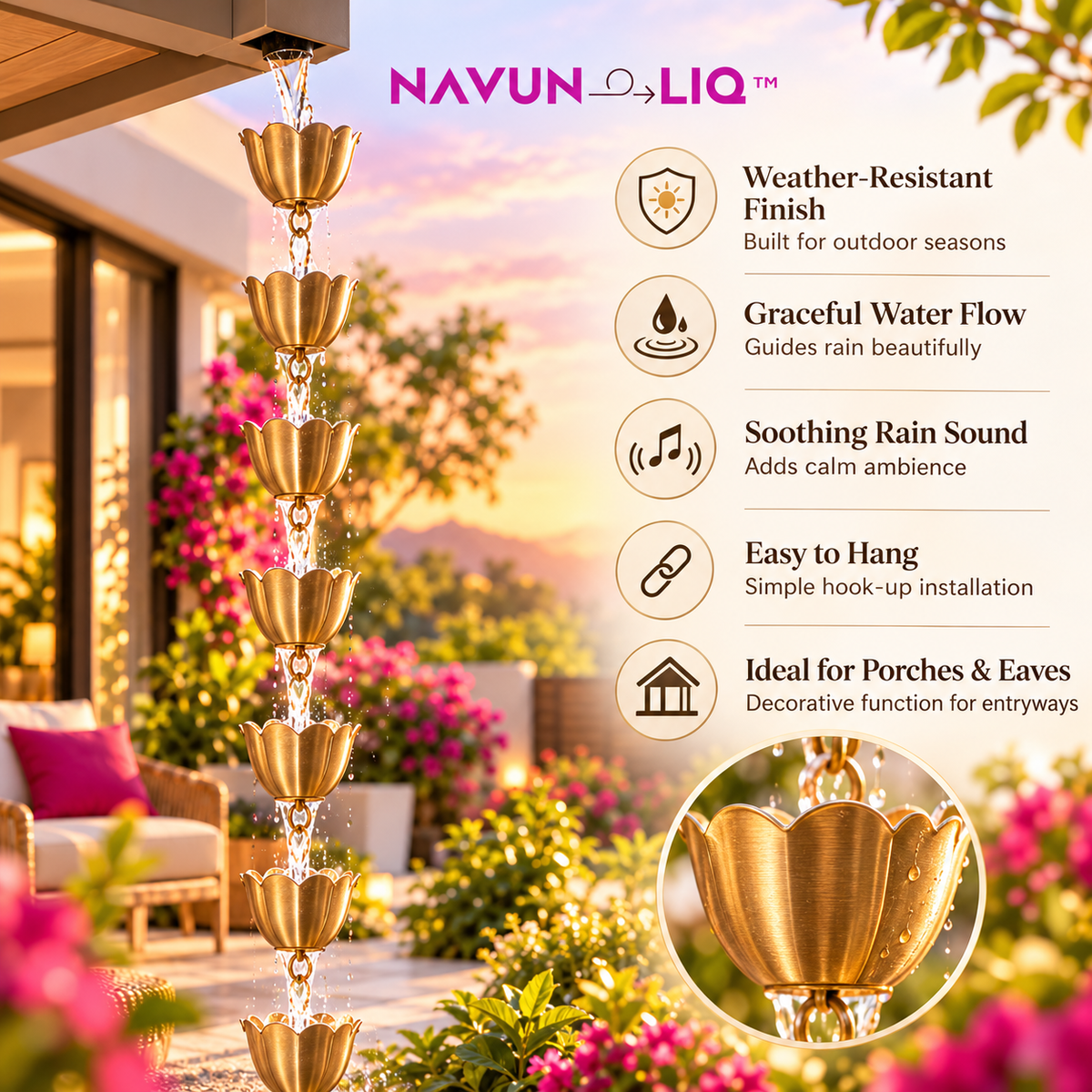 Navuneliq™ Cascade Rain Chain – Contemporary Decorative Rainwater Chain for Porches, Garden Eaves & Outdoor Entryways