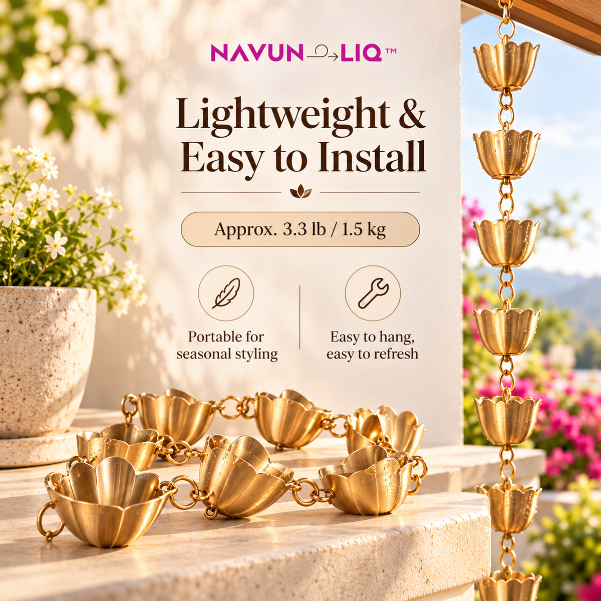 Navuneliq™ Cascade Rain Chain – Contemporary Decorative Rainwater Chain for Porches, Garden Eaves & Outdoor Entryways