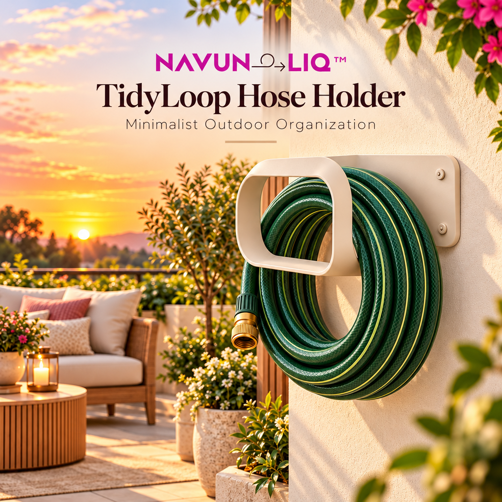Navuneliq™ TidyLoop Hose Holder – Minimalist Wall-Mounted Garden Hose Organizer for Patios, Outdoor Walls & Small Gardens