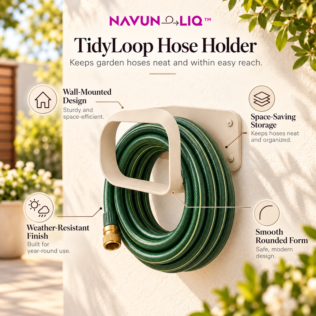Navuneliq™ TidyLoop Hose Holder – Minimalist Wall-Mounted Garden Hose Organizer for Patios, Outdoor Walls & Small Gardens