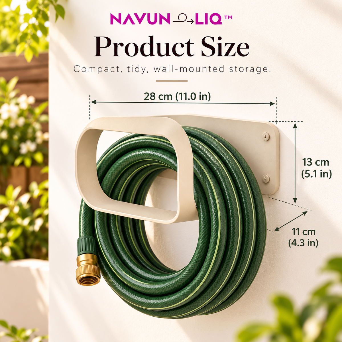 Navuneliq™ TidyLoop Hose Holder – Minimalist Wall-Mounted Garden Hose Organizer for Patios, Outdoor Walls & Small Gardens
