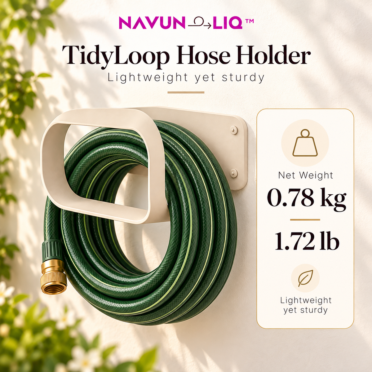 Navuneliq™ TidyLoop Hose Holder – Minimalist Wall-Mounted Garden Hose Organizer for Patios, Outdoor Walls & Small Gardens