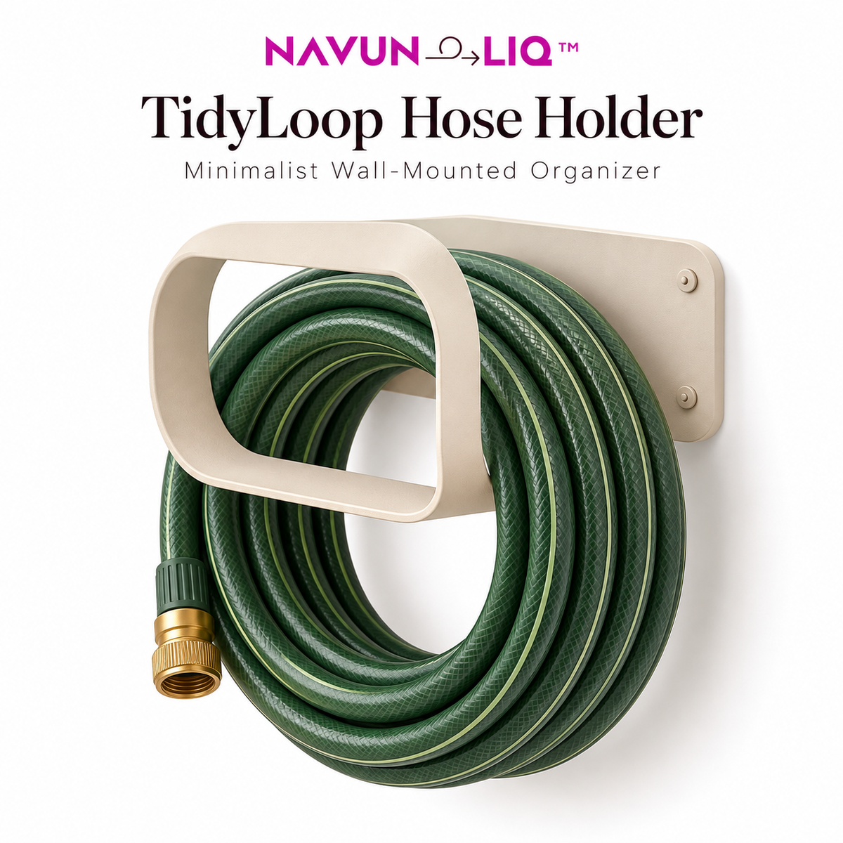 Navuneliq™ TidyLoop Hose Holder – Minimalist Wall-Mounted Garden Hose Organizer for Patios, Outdoor Walls & Small Gardens