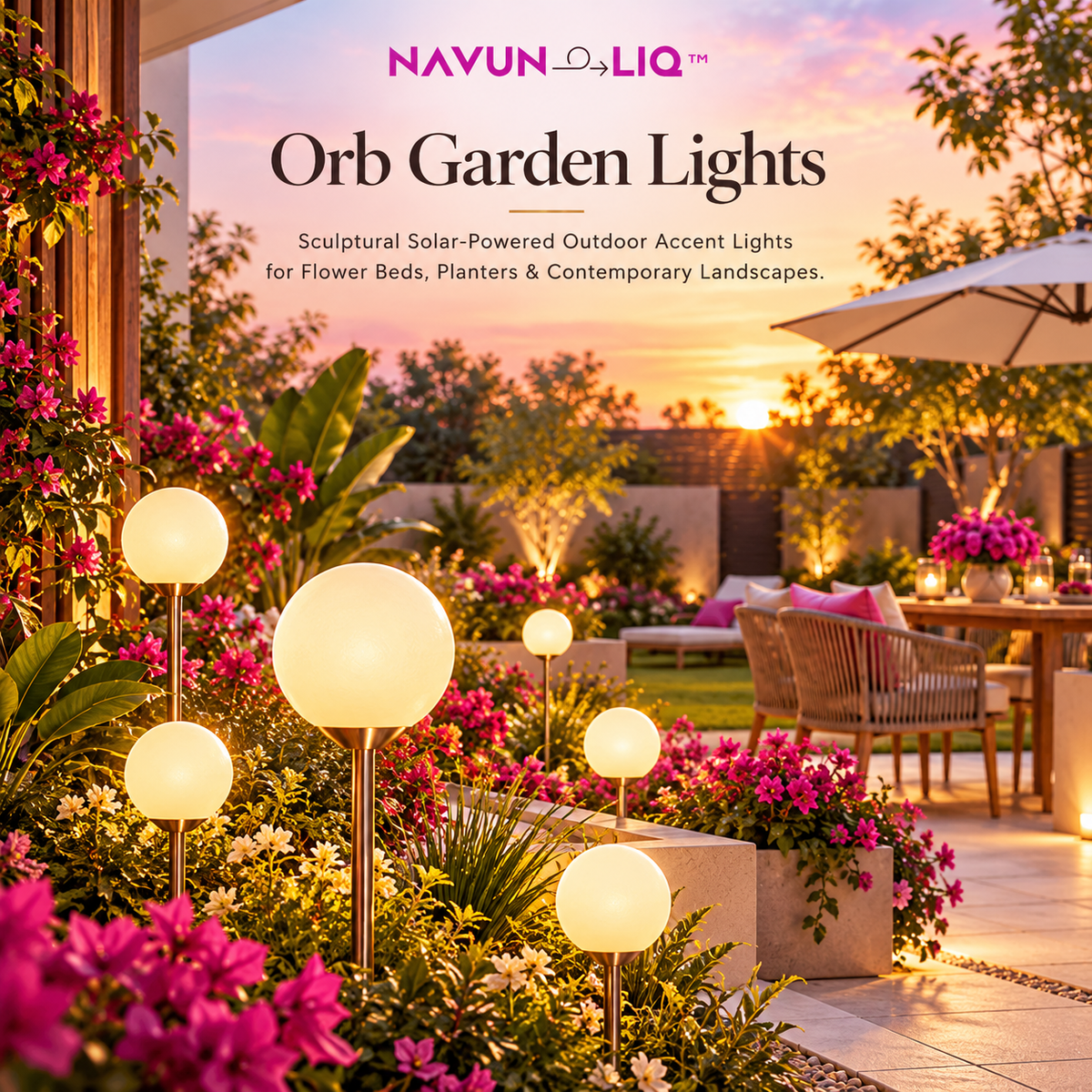 Navuneliq™ Orb Garden Lights – Sculptural Solar-Powered Outdoor Accent Lights for Flower Beds, Planters & Contemporary Landscapes