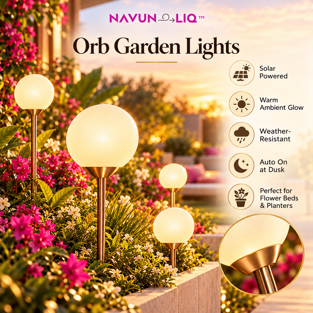 Navuneliq™ Orb Garden Lights – Sculptural Solar-Powered Outdoor Accent Lights for Flower Beds, Planters & Contemporary Landscapes