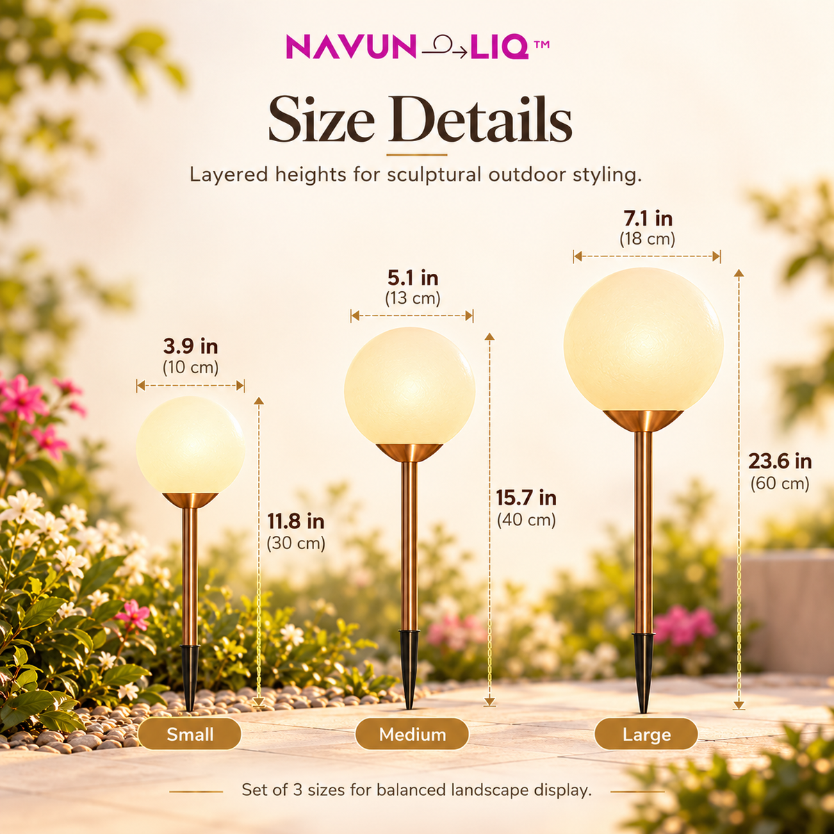 Navuneliq™ Orb Garden Lights – Sculptural Solar-Powered Outdoor Accent Lights for Flower Beds, Planters & Contemporary Landscapes