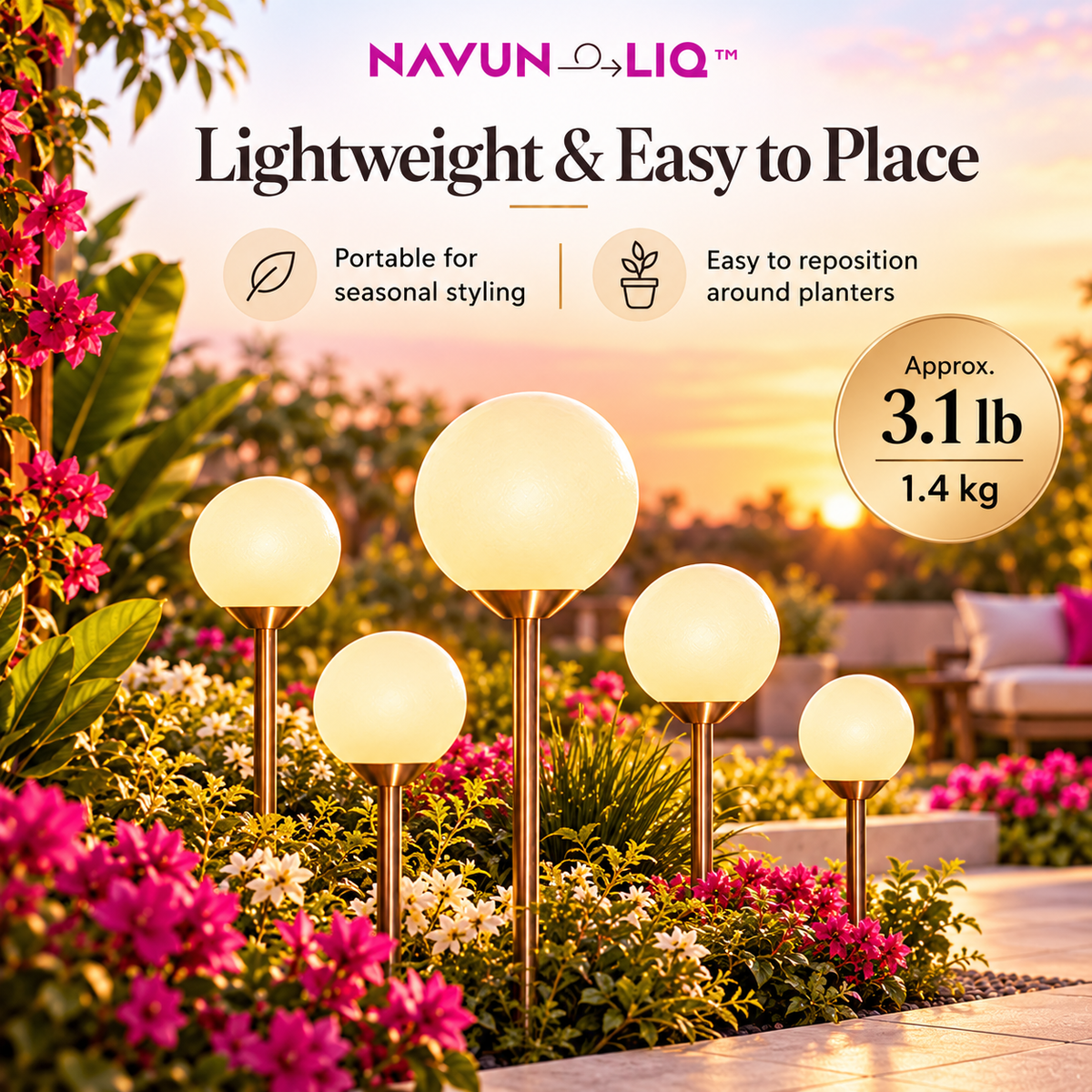 Navuneliq™ Orb Garden Lights – Sculptural Solar-Powered Outdoor Accent Lights for Flower Beds, Planters & Contemporary Landscapes