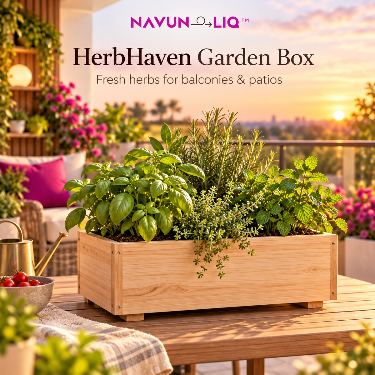Navuneliq™ HerbHaven Garden Box – Compact Wooden Herb Planter with Drainage for Fresh Herbs, Small Patios & Balcony Gardens