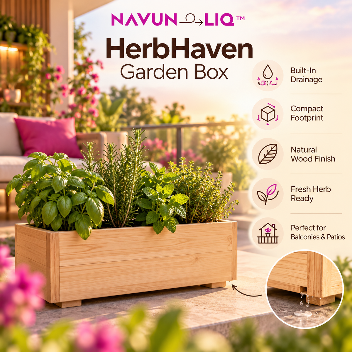 Navuneliq™ HerbHaven Garden Box – Compact Wooden Herb Planter with Drainage for Fresh Herbs, Small Patios & Balcony Gardens