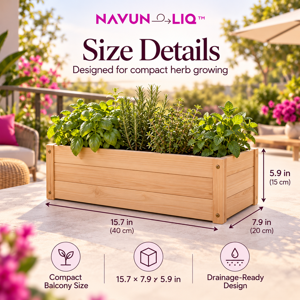 Navuneliq™ HerbHaven Garden Box – Compact Wooden Herb Planter with Drainage for Fresh Herbs, Small Patios & Balcony Gardens