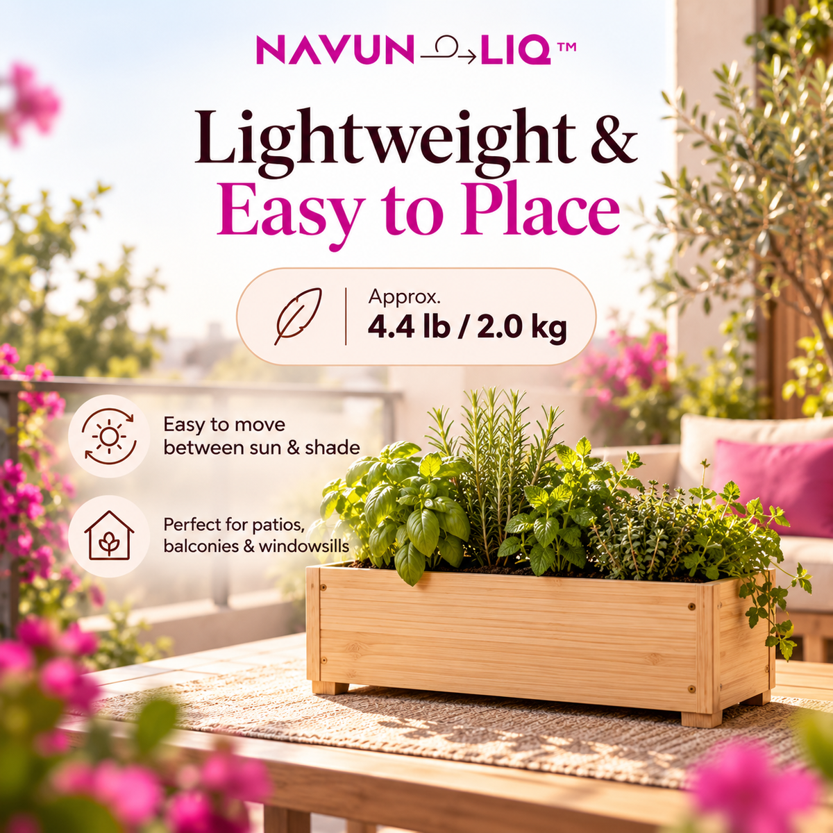 Navuneliq™ HerbHaven Garden Box – Compact Wooden Herb Planter with Drainage for Fresh Herbs, Small Patios & Balcony Gardens