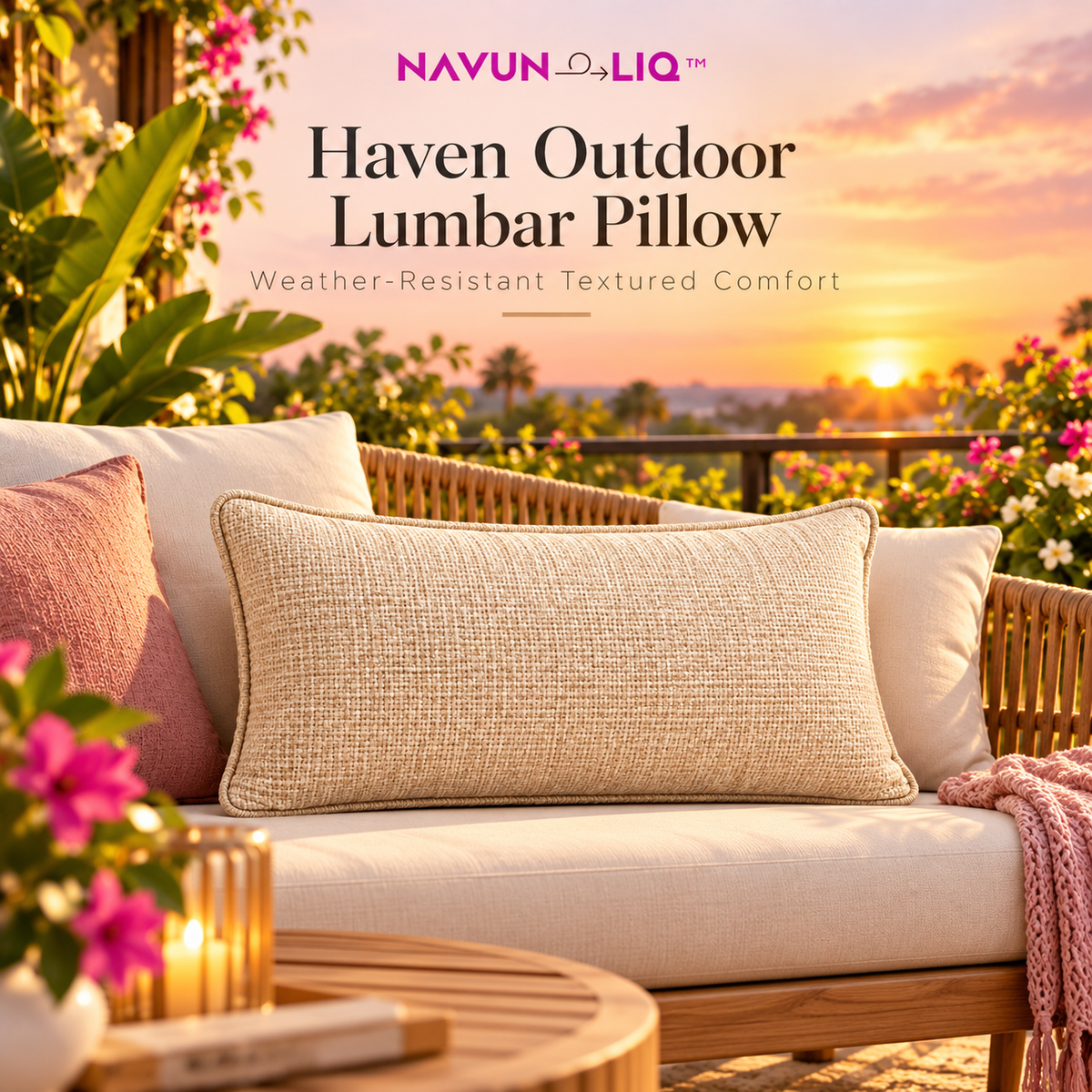 Navuneliq™ Haven Outdoor Lumbar Pillow – Weather-Resistant Textured Accent Cushion for Patio Benches, Balcony Chairs & Garden Sofas