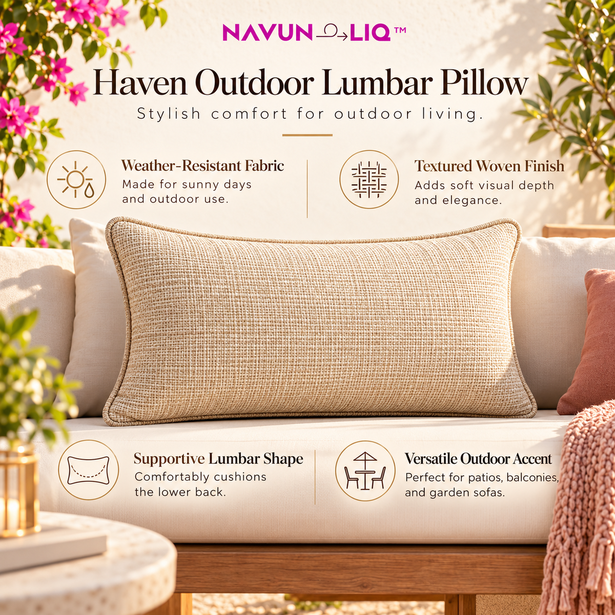 Navuneliq™ Haven Outdoor Lumbar Pillow – Weather-Resistant Textured Accent Cushion for Patio Benches, Balcony Chairs & Garden Sofas