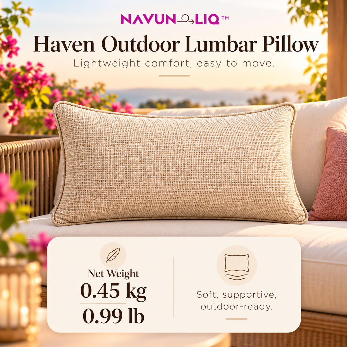 Navuneliq™ Haven Outdoor Lumbar Pillow – Weather-Resistant Textured Accent Cushion for Patio Benches, Balcony Chairs & Garden Sofas
