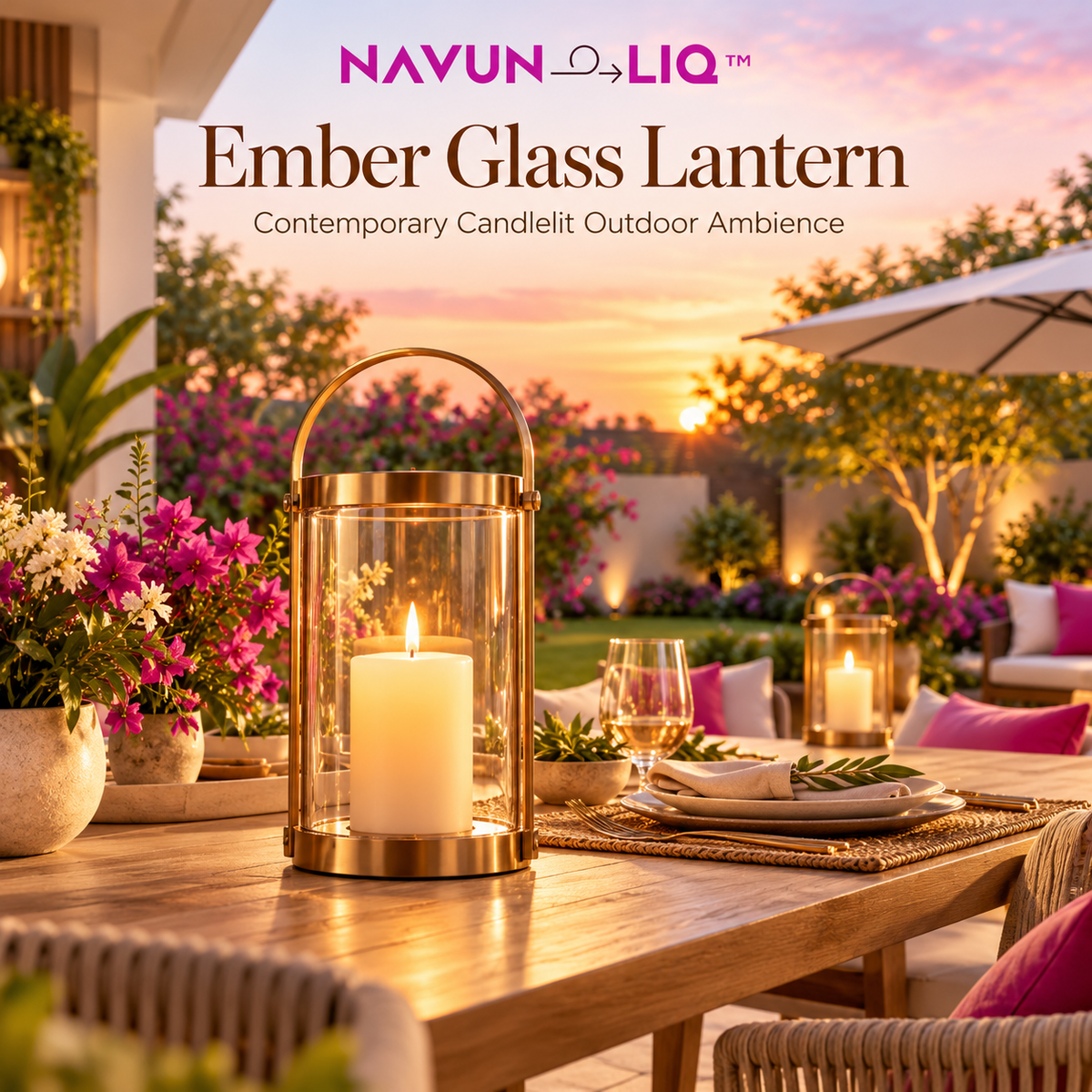 Navuneliq™ Ember Glass Lantern – Contemporary Outdoor Candle Holder for Patio Dining, Porch Styling & Evening Ambience