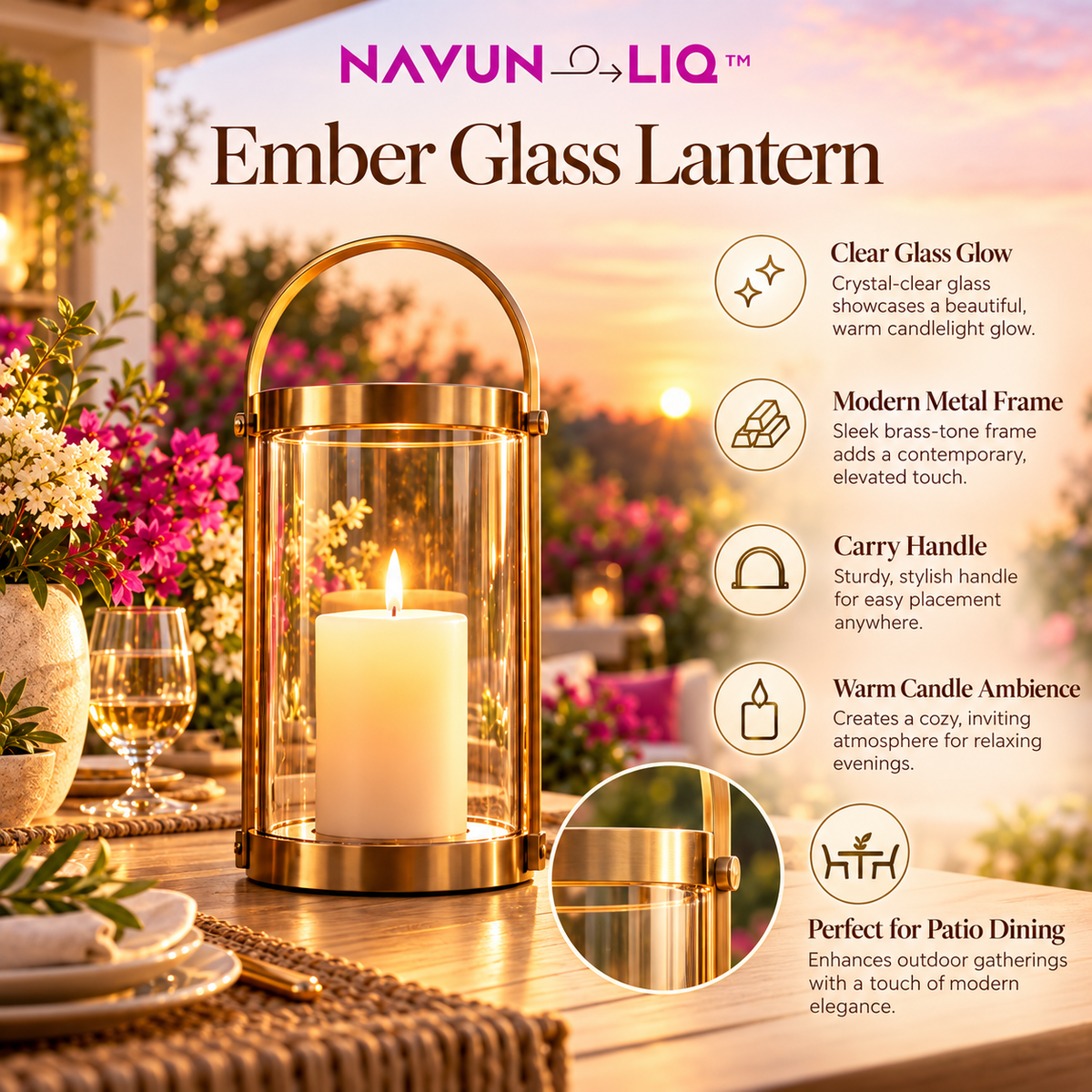 Navuneliq™ Ember Glass Lantern – Contemporary Outdoor Candle Holder for Patio Dining, Porch Styling & Evening Ambience
