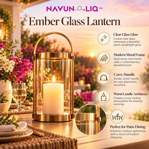 Navuneliq™ Ember Glass Lantern – Contemporary Outdoor Candle Holder for Patio Dining, Porch Styling & Evening Ambience