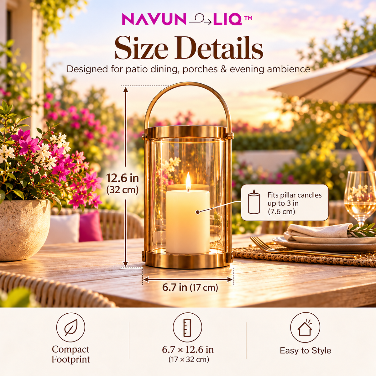 Navuneliq™ Ember Glass Lantern – Contemporary Outdoor Candle Holder for Patio Dining, Porch Styling & Evening Ambience