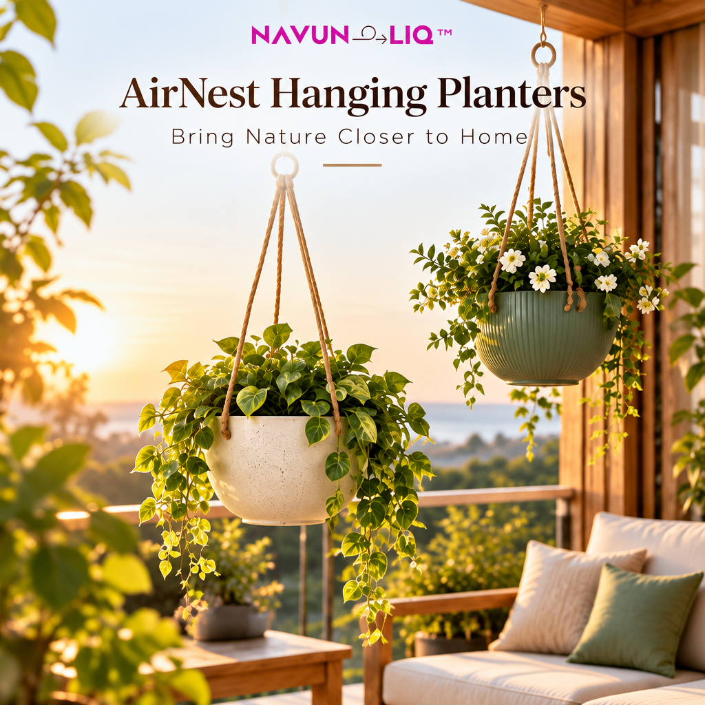 Navuneliq™ AirNest Hanging Planters – Modern Decorative Plant Pots with Minimalist Hangers for Balconies, Porches & Indoor-Outdoor Spaces