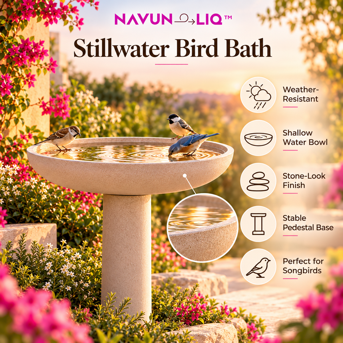 Navuneliq™ Stillwater Bird Bath – Minimalist Garden Water Bowl for Songbirds, Patio Corners & Natural Outdoor Spaces